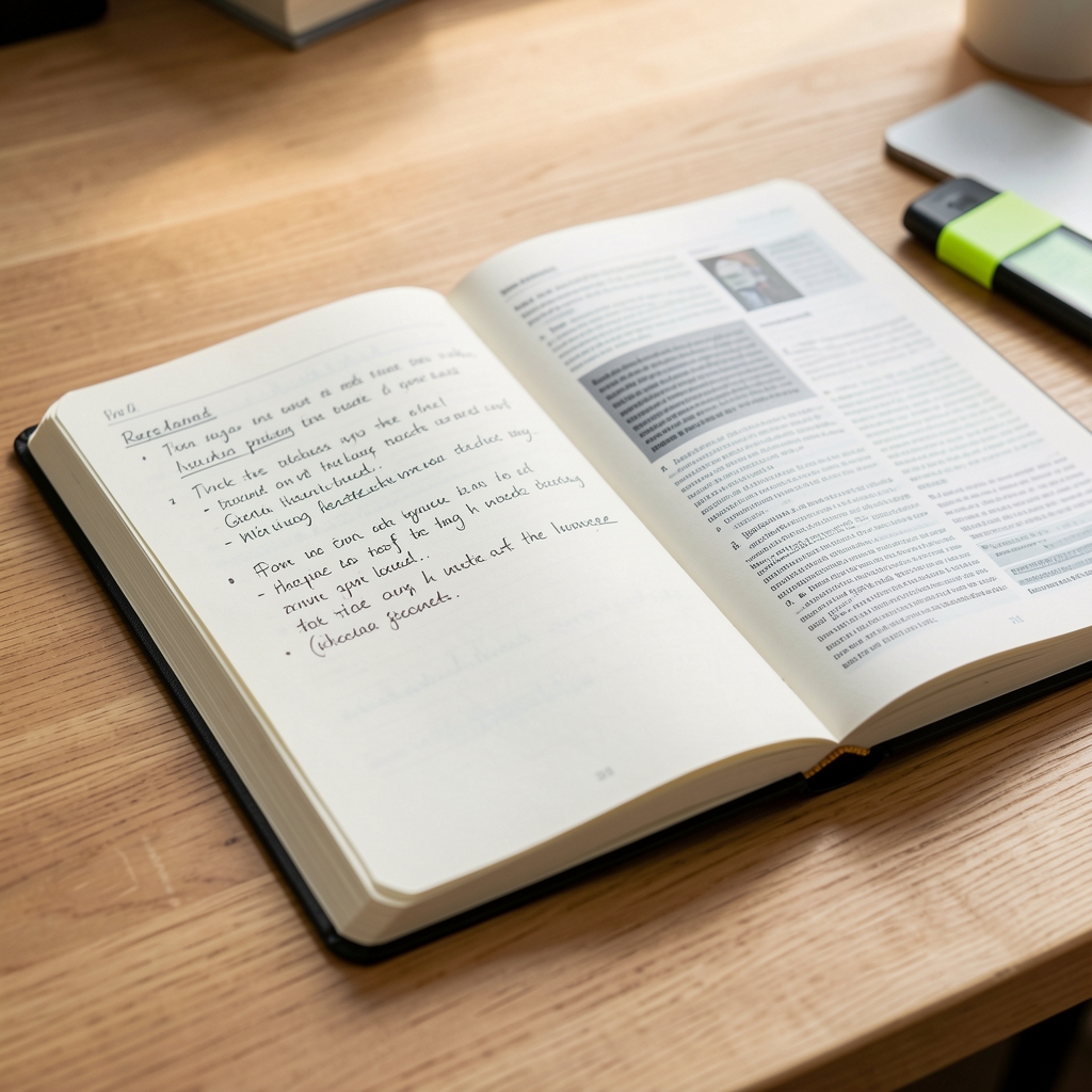 Close-up of an open research notebook with handwritten notes, printed journal pages, and a highlighter on a well-lit wooden desk