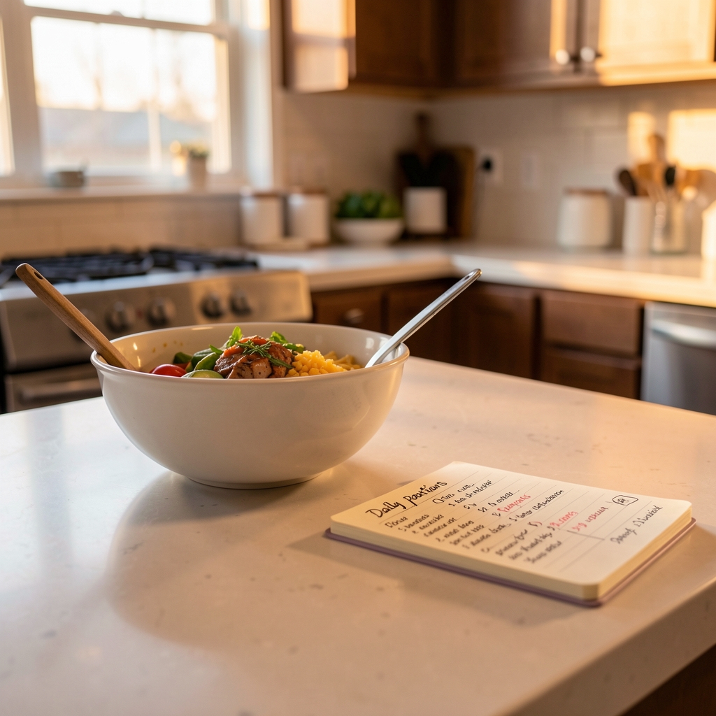 Low-angle view of a kitchen counter in warm evening light with a meal prep bowl and a small notebook tracking daily food portions