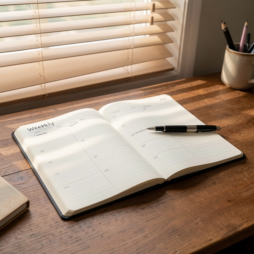 Weekly planner open on a wooden desk with a pen marking consistent bedtimes, morning light filtering through venetian blinds casting soft stripes